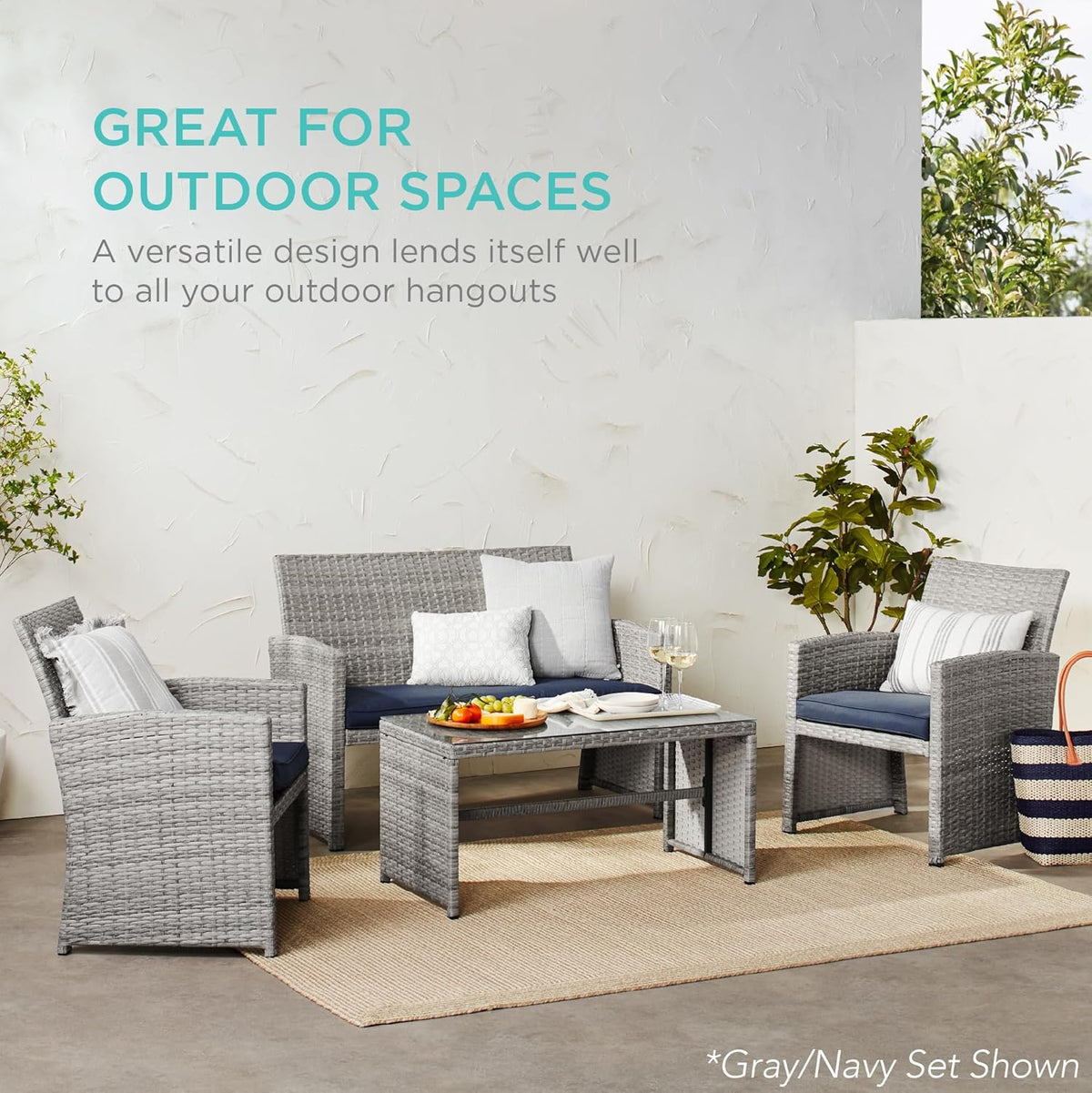 Best Choice Products 4-Piece Outdoor Wicker Patio Conversation Furniture Set for Backyard w/Coffee Table, Seat Cushions - Black/Black