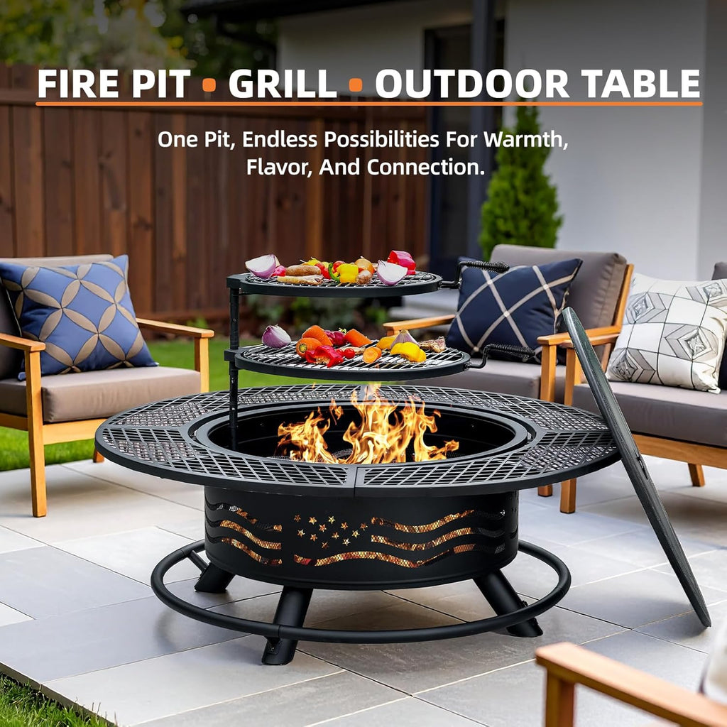 Panovue 47 Inch Fire Pit with 2 Cooking Grates, Outdoor Wood Burning BBQ Grill Firepit Bowl with Cover Lid, Steel Round Table for Backyard Bonfire Patio Picnic (Black, 47IN)