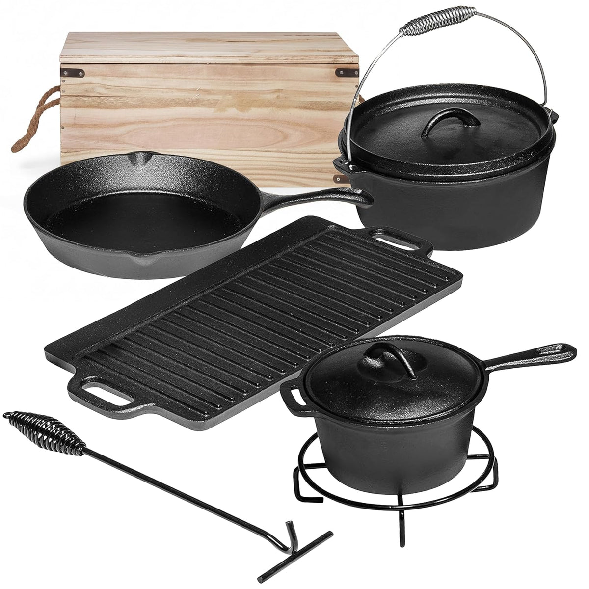 Bruntmor Camping Cooking Set Of 7. Pre Seasoned Cast Iron Pots And Pans Dutch Oven With Lids For Outdoor Comefire. Grill Cookware Skillet Sets With Storage Box