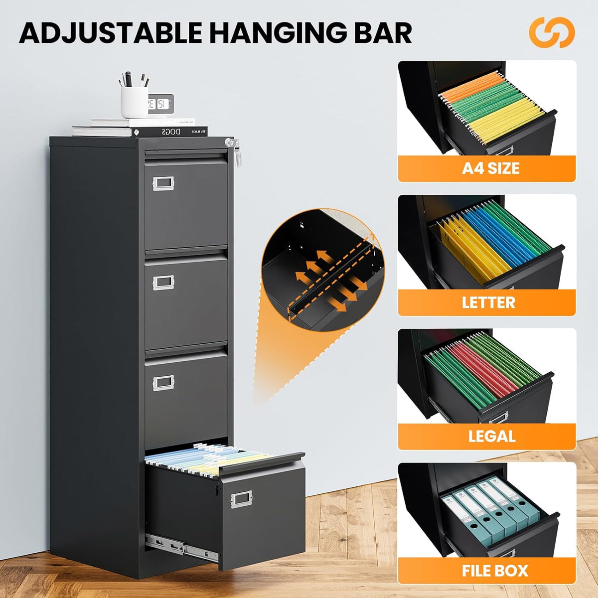4 Drawer File Cabinet with Lock, Metal File Cabinets for Home Office,18" Deep Vertical Black Filing Cabinets Office Storage Cabinet for Letter/Legal / A4 / F4 Size, and File Folders