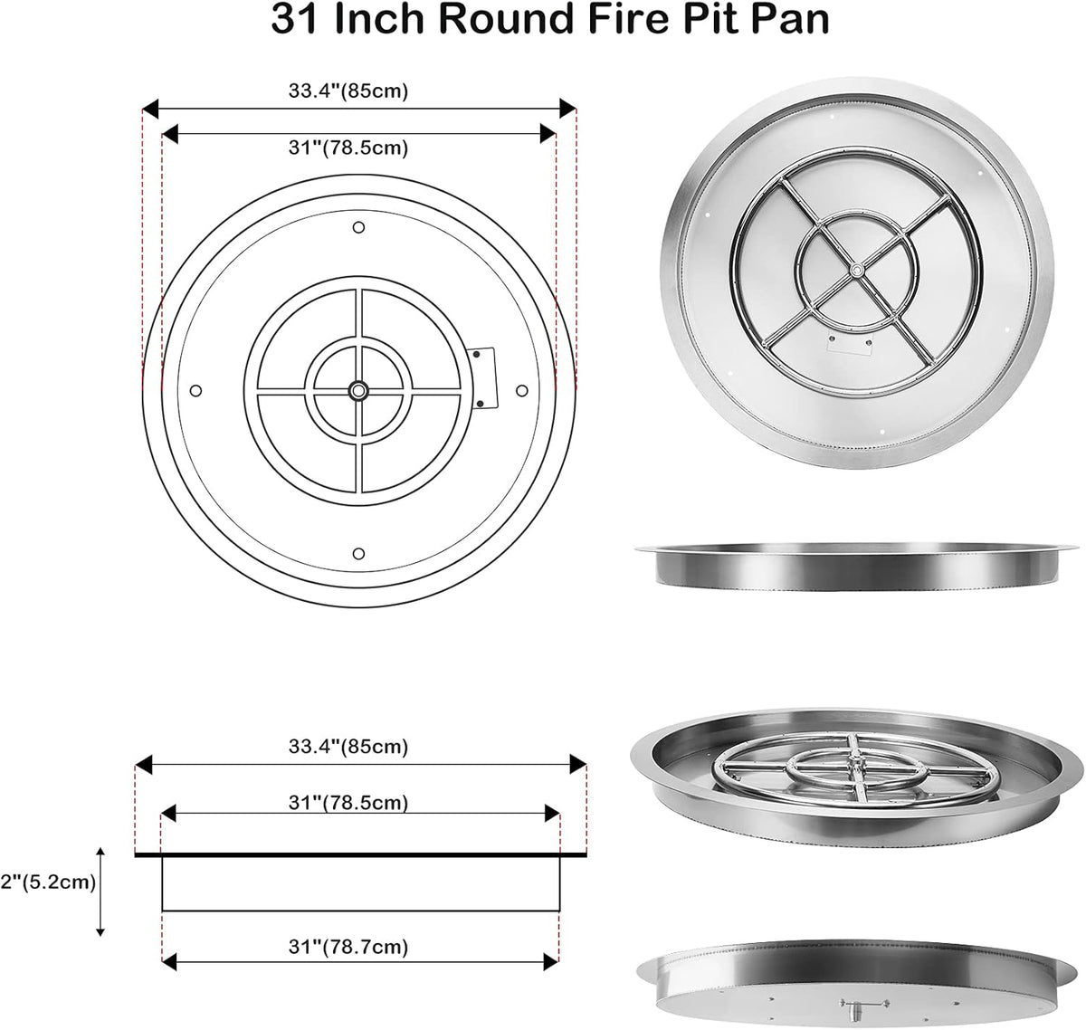 Stanbroil 31 Inch Drop-in Round Gas Fire Pit Kit with Spark Ignition Kit, 304 Stainless Steel Gas Firepit Burner Insert for DIY Fire Pit Table, Max 296,000 BTU - Natural Gas Version