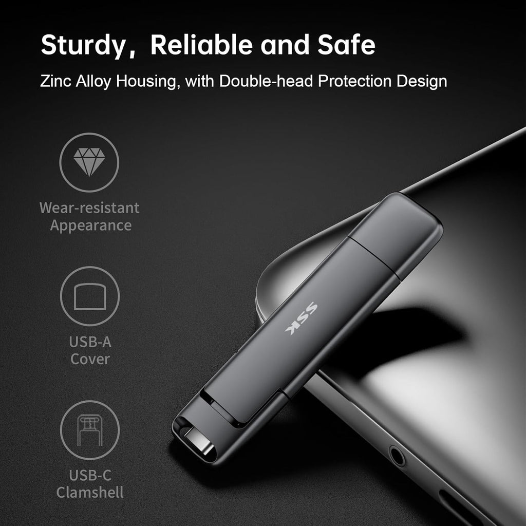 SSK 1TB USB Drive,External SSD Fast 550MB/s 2-in-1 Dual-Drive Type C+ A USB3.2 Gen2 Solid State ThumbDrive SSD-Stick for iPhone 15/16/PS4/Android Phone/Tablet/Windows/Mac