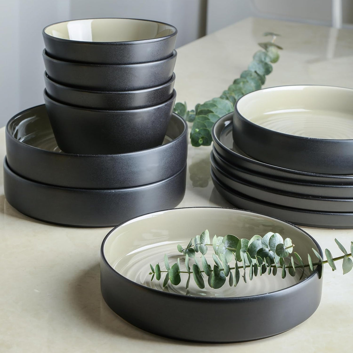 Stone Lain Elica 24-Piece Modern Dinnerware Set Stoneware, Plates and Bowl Sets for 8, Beige and Black