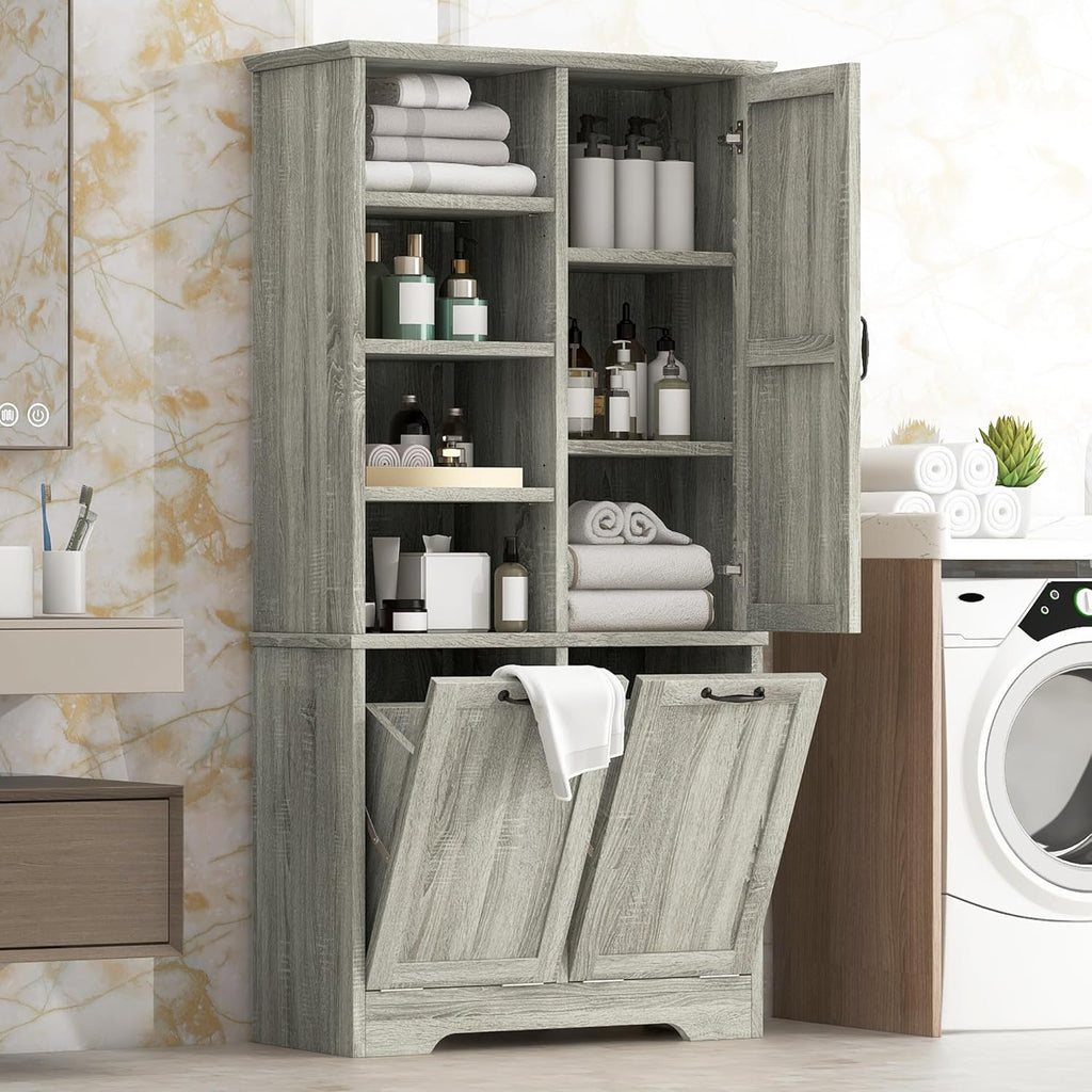 Merax Tall Storage Cabinet with Door and Shelves, Bathroom Storage with 2 Tip-Out Laundry Hamper and Adjustable Shelf, Oak