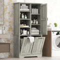 Merax Tall Storage Cabinet with Door and Shelves, Bathroom Storage with 2 Tip-Out Laundry Hamper and Adjustable Shelf, Oak