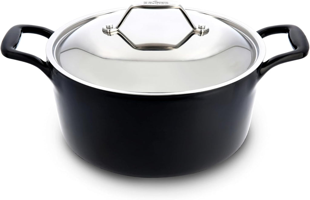 All-Clad Cast Iron Stockpot, 6 Qt Enameled Cast Iron Dutch Oven with Lid, Grill, Oven Safe up to 650F, Pot Compatible with All Stovetops (Gas, Electric & Induction), Easy-Clean, Cookware, Black