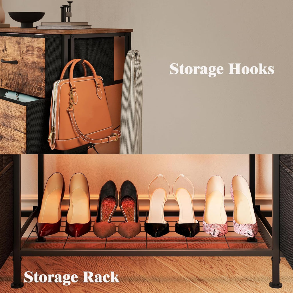 LUMTOK 55W 2-in-1 Dresser with Hanging Rack, 10 Drawers Dresser for Bedroom,Dressers with Fabric Drawers,LED Lights, Charging Station and Hanging Racks for Bedroom (Rustic Brown)