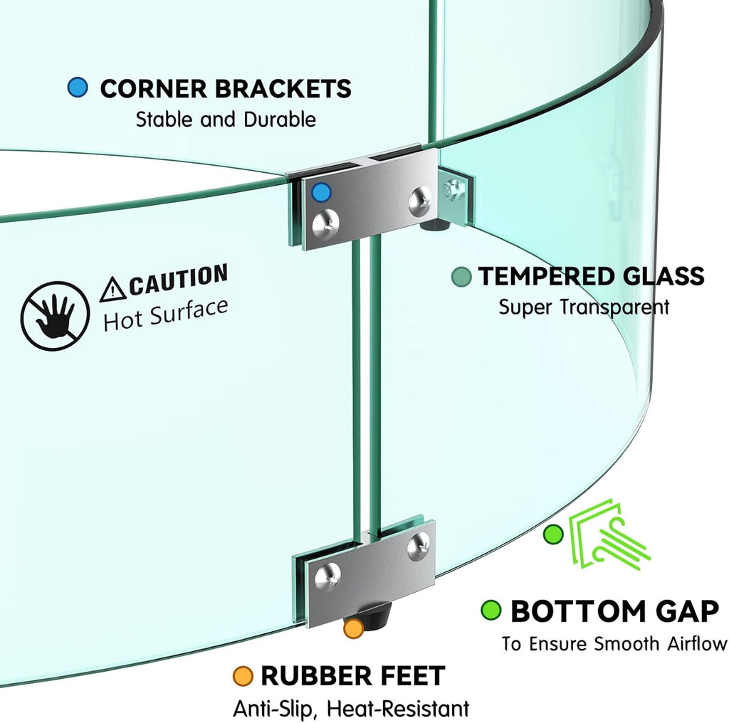 Skyflame 29" Round Glass Wind Guard, Upgraded Prevent Falling Apart Thick/Clear Tempered Glass Panel with Hard Aluminum Corner Bracket & Feet for 24" Round Fire Pit Burner Pans