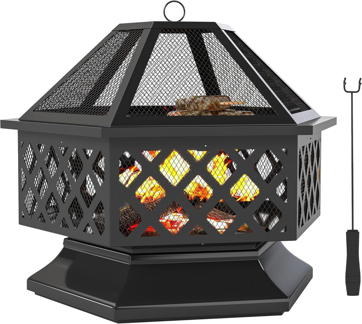 Outsunny 28" Outdoor Fire Pit Grill, Portable Wood Burning Firepit for Outside with Cooking Grate, Fire Poker, Spark Screen Lid, Steel Hexagon Fireplace for Patio Bonfire Backyard BBQ Camping Picnic