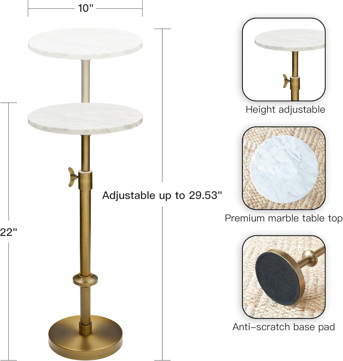 Adjustable-Height Marble Drink Table - 10x10x22-30, White Marble & Antique Brass, Modern Round End Table, Side Table with Pedestal Stand for Small Spaces, Vintage Metal Martini Cocktail Accent