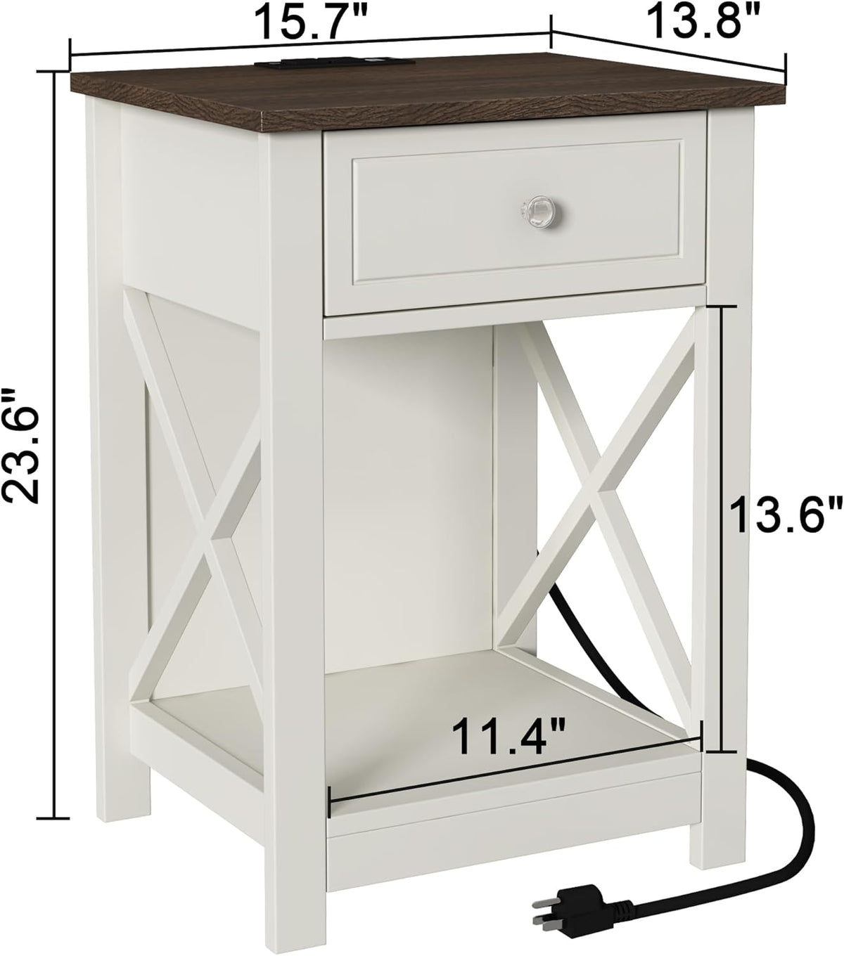 Treocho Farmhouse End Table Set of 2,Nightstand with Charging Station, X-Design Side Table with 2 AC and USB Power Outlets, Small Night Stand with Storage Drawer and Open Shelf for Living Room