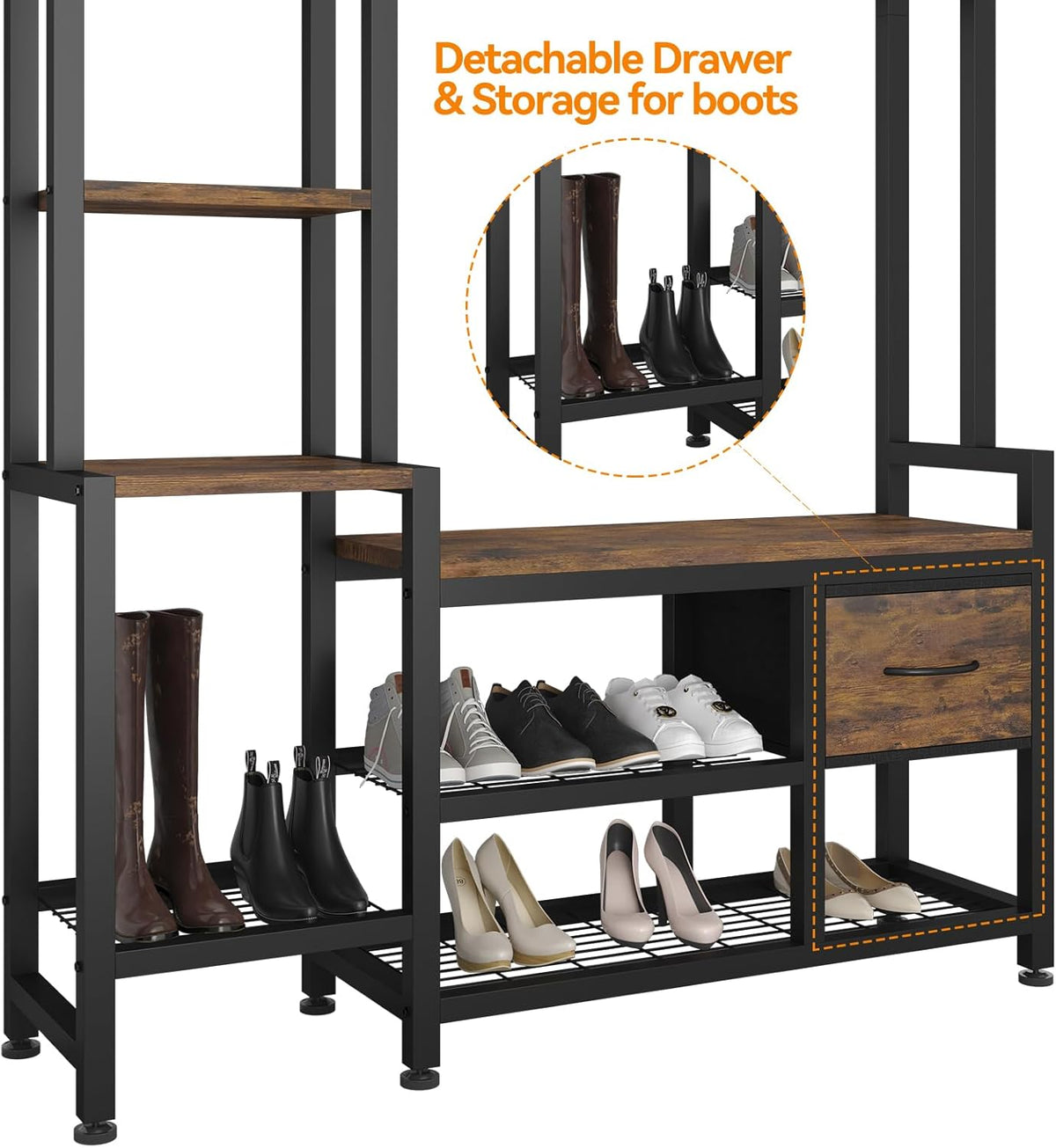 Hall Tree for Entryway 43", Bench with Shoe Storage, Large Coat Rack Shoe Bench with 5 Tier Shelves, 5 in 1 Design Front Door Shoe Rack and Wall Rack Hooks, and 2 Drawers (Rustic Brown)