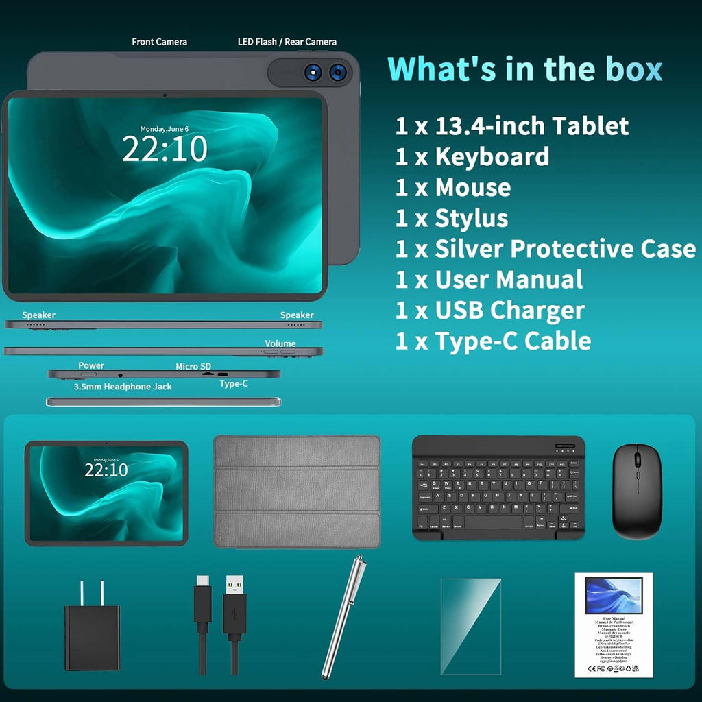 13 Inch Tablet, Android 16 Tablet with Keyboard, 32GB+256GB+2TB Expand, 120Hz 1920x1200 IPS Display, Gemini AI, 10000mAh, 8-Core, Wi-Fi, GPS, Large Screen 2K Tablet PC with Case, Mouse, Stylus(Silver)