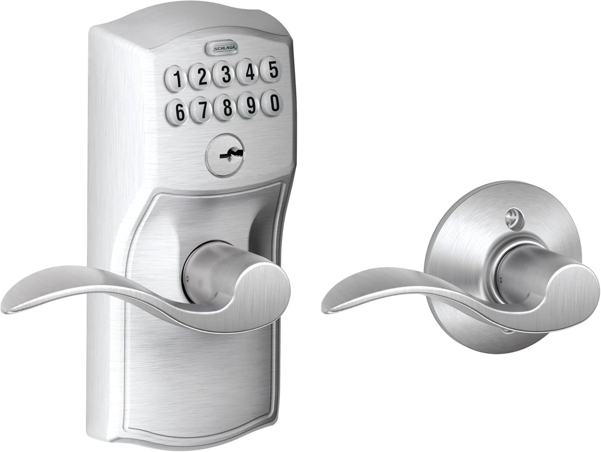 Schlage Camelot Keypad Lock with Lever Handle, Electronic Keyless Door Entry, Auto‑Lock Enabled, Satin Chrome, FE575 CAM 626 ACC