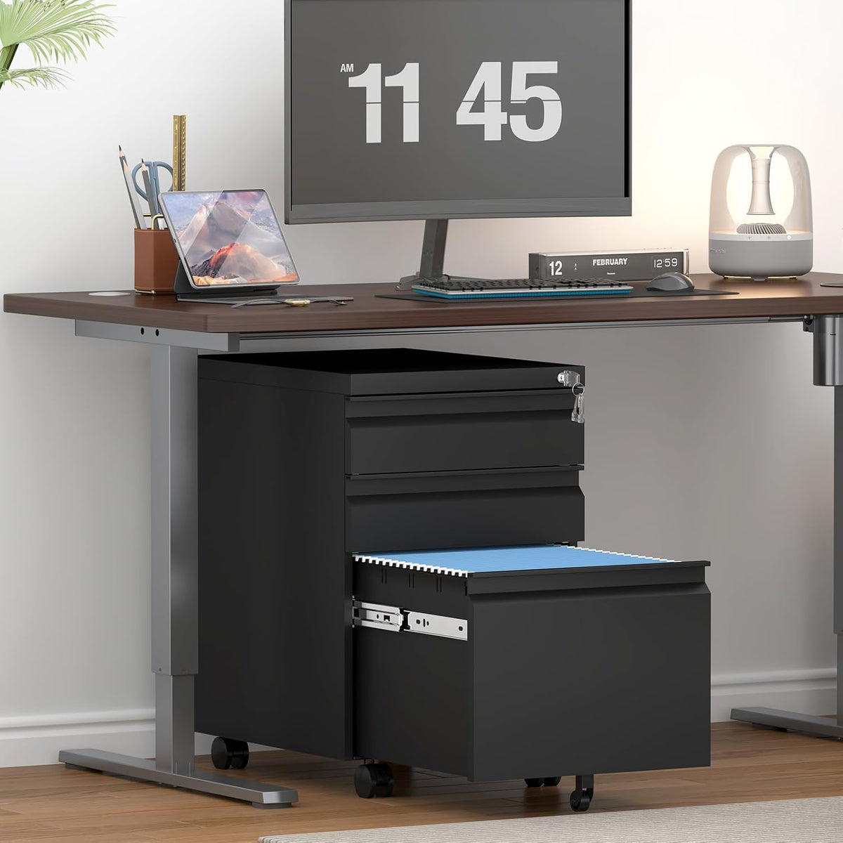 3 Drawer File Cabinet on Wheels,25.6" H Black Filing Cabinet with Lock,Under Desk Metal File Cabinet for Home Office Organizer Letters/Legal/A4(Fully Assembled)
