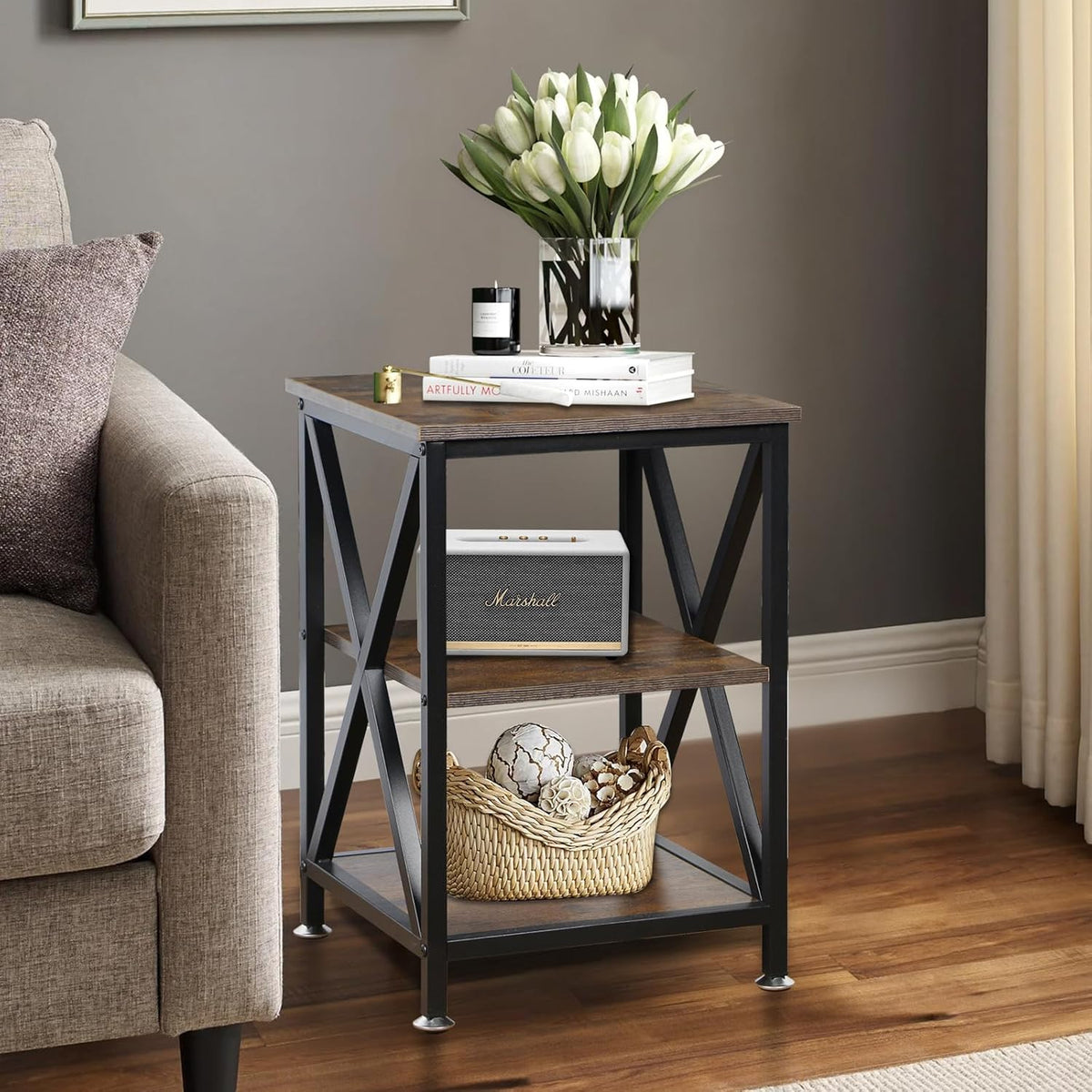 End Tables Living Room Set of 2, 16" D x 16" W x 24" H, Indoor End Tables Living Room with Storage Shelf, Square End Table Set of 2, X-Shaped Night Stands for Bedroom, Farmhouse Wood Side Tables