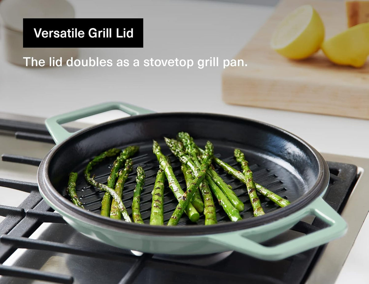 Misen 7 QT Enameled Cast Iron Dutch Oven - Chip-Resistant Enamel Coating - Thick Iron Core For Heat Retention - Large Cooking Surface - Oven Safe, Induction Compatible - Grill and Silicone Lid, Green