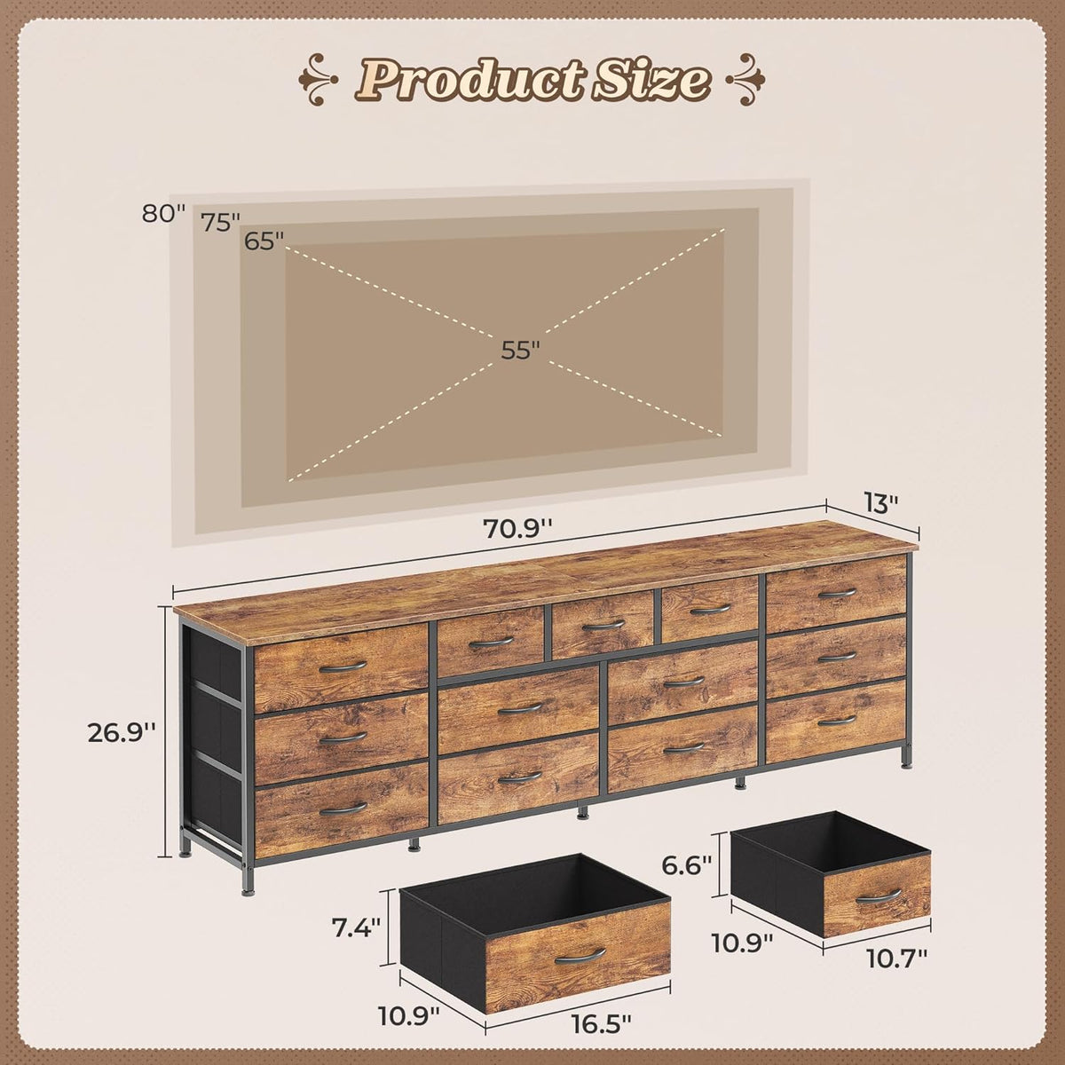 Huuger 70 Inch Dresser for Bedroom, TV Stand for 65, 75, 80 Inch TV, 13 Fabric Drawer Long Dresser, Large Entertainment Center for Bedroom, Wide Chest of Drawer with Storage, Rustic Brown