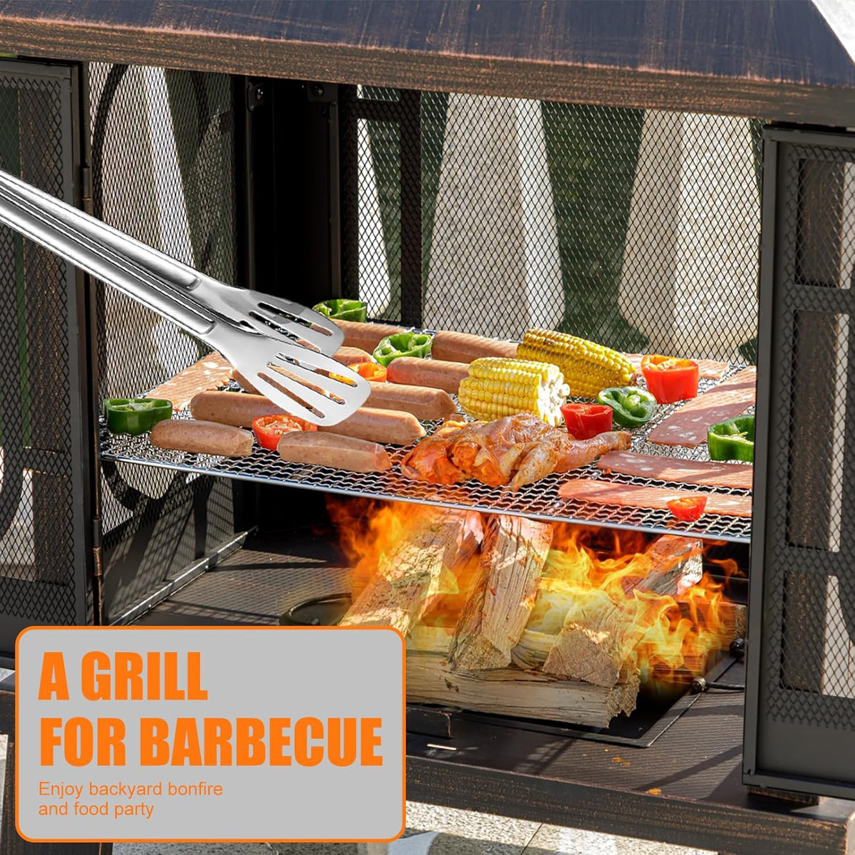 Panovue 45" H×31''W Metal Chiminea Fire Pit with Grill, Wood Burning Fire Pits for Outside,Square Chimineas Fireplace with Mesh Spark Screen Door& Fire Poker for Garden,Yard,BBQ,Bonfire (Black&Gold)