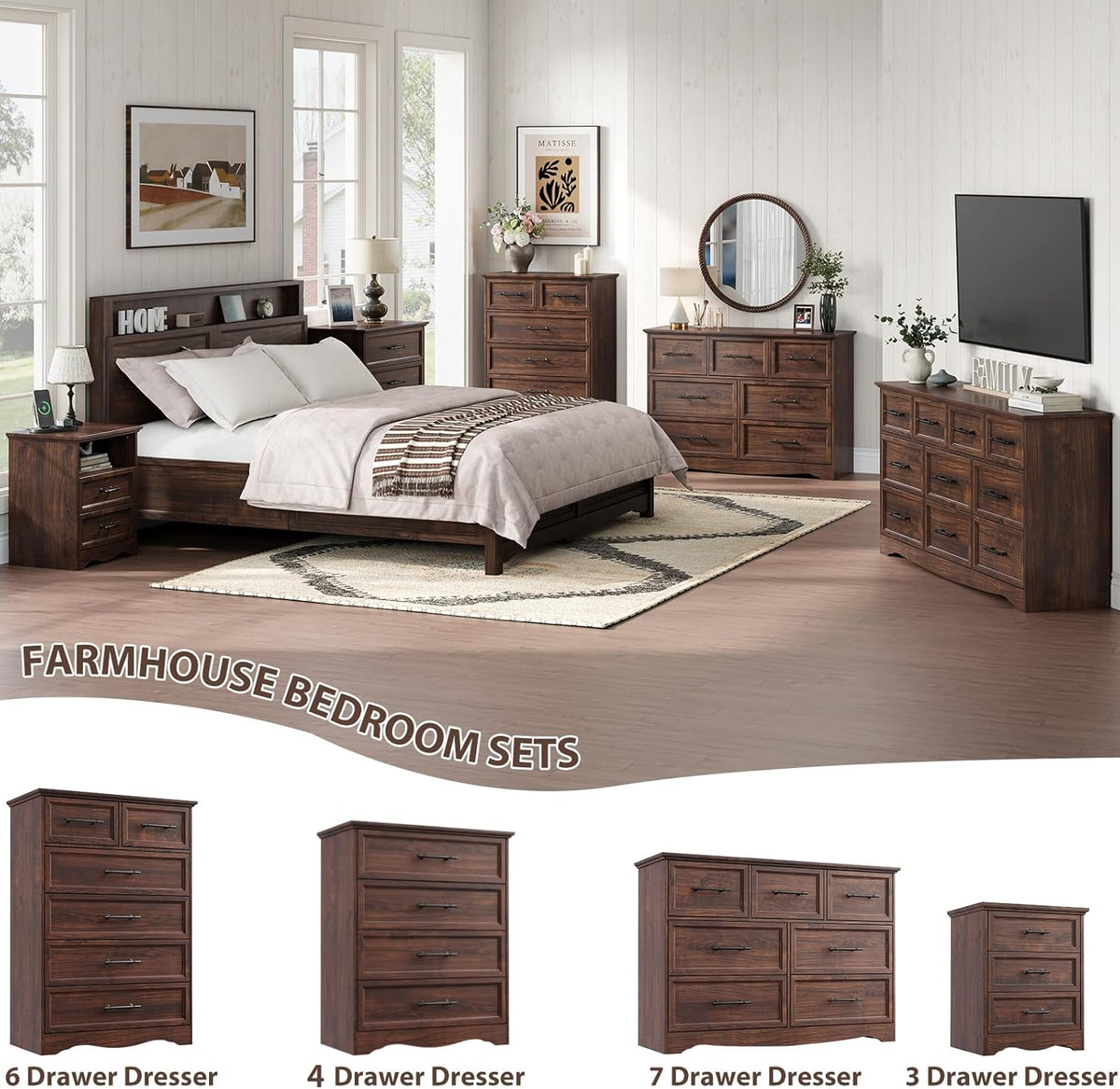 Walnut Dresser for Bedroom, Farmhouse 36" Tall 4 Drawer Chest with Sleek Brushed Metal Handles, Modern Wood Storage Cabinet with Unique Base Design, Closet Organizer for Bedroom, Living Room, Hallway
