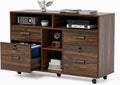 VINGLI Dark Brown Wood Lateral File Cabinet with Lock, 4 Drawer & 4 Open Shelves, Rolling File Cabinet for Home Office, Letter Sized