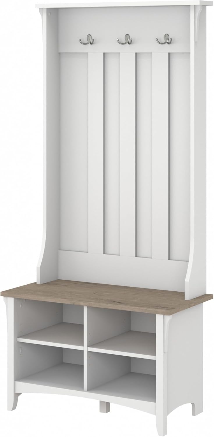 Bush Home Salinas Hall Tree with Shoe Storage Bench in Shiplap Gray and Pure White, Multi-Purpose Home Organizer, Entryway Solution with Seating and Hooks