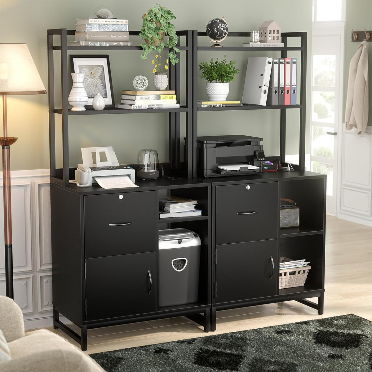 Homieasy Vertical Filing Cabinet with Bookshelf for Home Office, File Cabinet with Shelves, Lock & Charging Station, Drawer Office File Cabinets with Printer Stand, fits Letter Size, Black