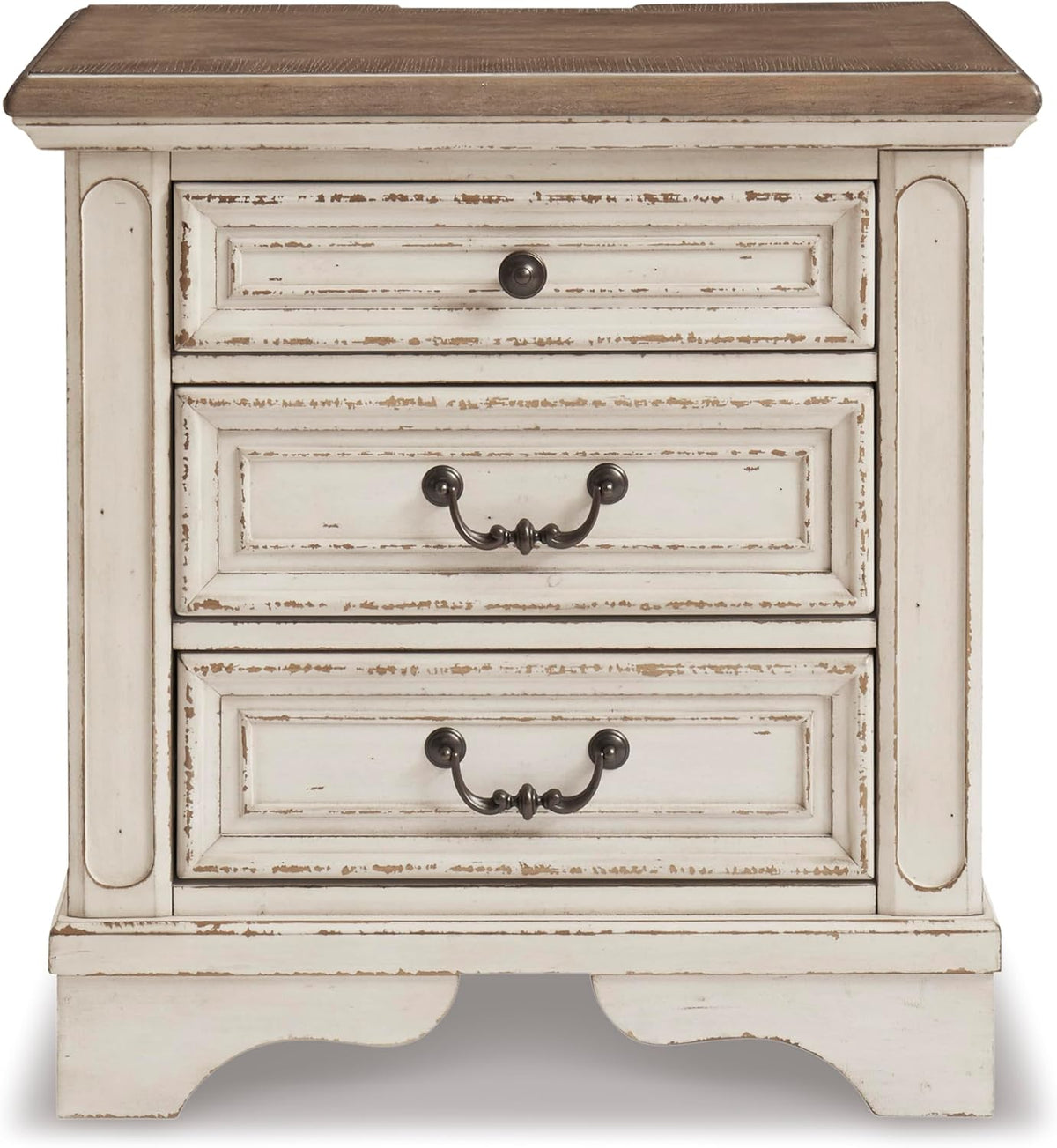 Signature Design by Ashley Realyn French Country 3 Drawer Nightstand with Electrical Outlets & USB Ports, 27.75" Tall, Chipped White