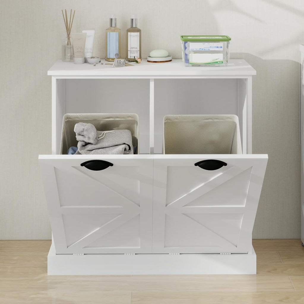 Modern Farmhouse Barn Door Double Compartment Slanted Laundry Organizer,Freestanding Hidden Laundry Cabinet with 2 Removable Liner Pockets for Bathroom(White-03)