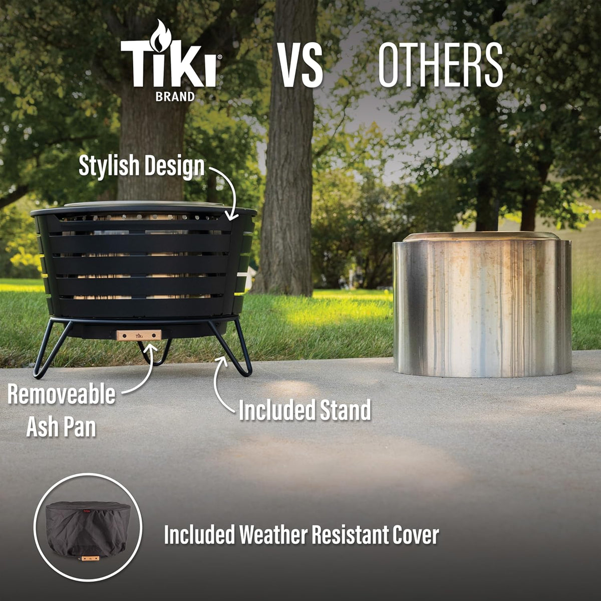 TIKI Patio Smokeless Outdoor Fire Pit, 25-Inch Wood-Burning Bonfire with Removable Ash Pan, Stand, and Weather-Resistant Cover
