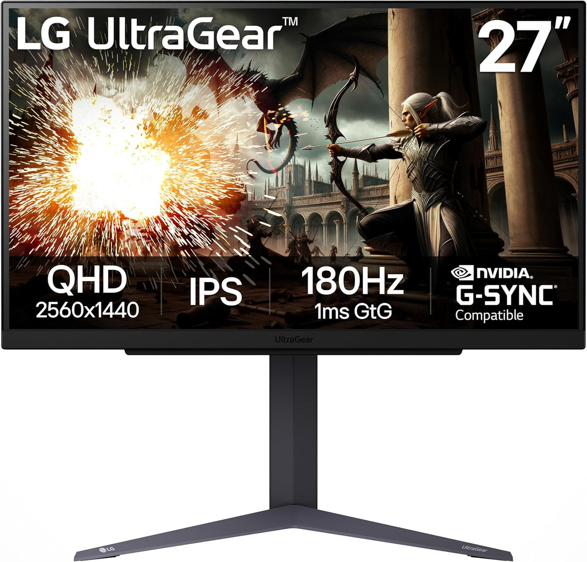 LG 27GS75Q-B 27-inch Ultragear QHD (2560x1440) Gaming Monitor, 180Hz (O/C 200Hz), 1ms, IPS, NVIDIA G-SYNC Compatible, AMD FreeSync, HDR10, Tilt/Height/Pivot Stand, HDMI, DisplayPort, Black