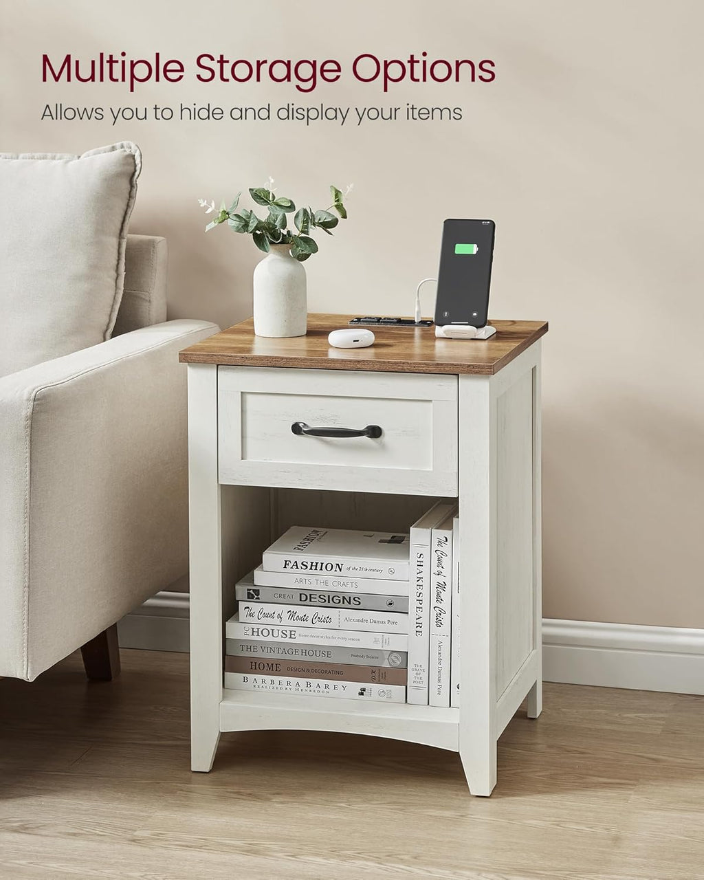 VASAGLE LIRY Collection - Farmhouse Nightstands with Charging Station, Set of 2 Bedside Tables, Side Tables with Drawer, Open Compartment, for Bedroom, Rustic White and Honey Brown ULET859K41