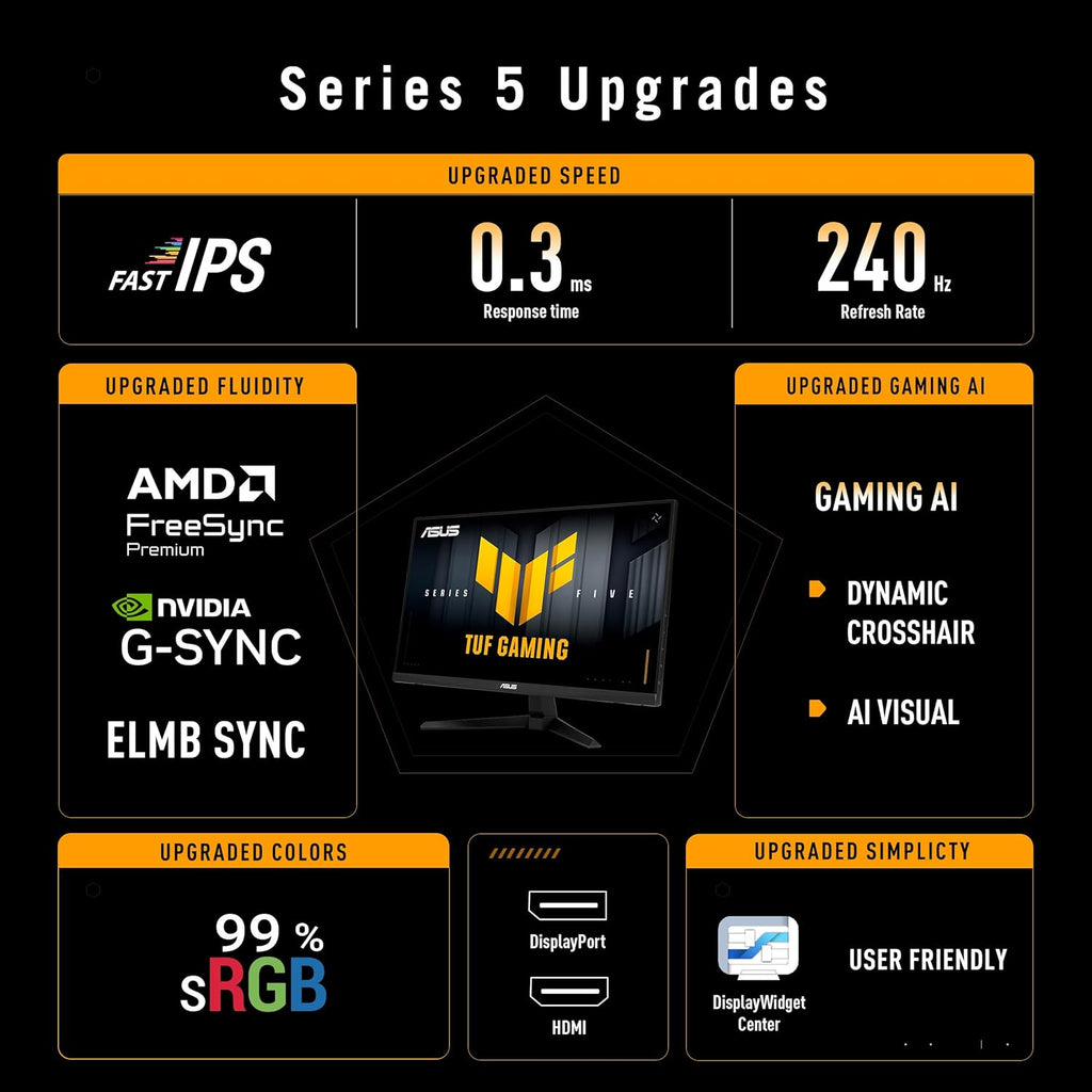 ASUS TUF Gaming Series 5 24” 1080P Gaming Monitor (VG249QM5A) - Full HD, Fast-IPS, 240Hz, 0.3ms, G-SYNC Compatible, FreeSync Premium, Extreme Low Motion Blur Sync, 99% sRGB, Gaming AI, 3 yr Warranty