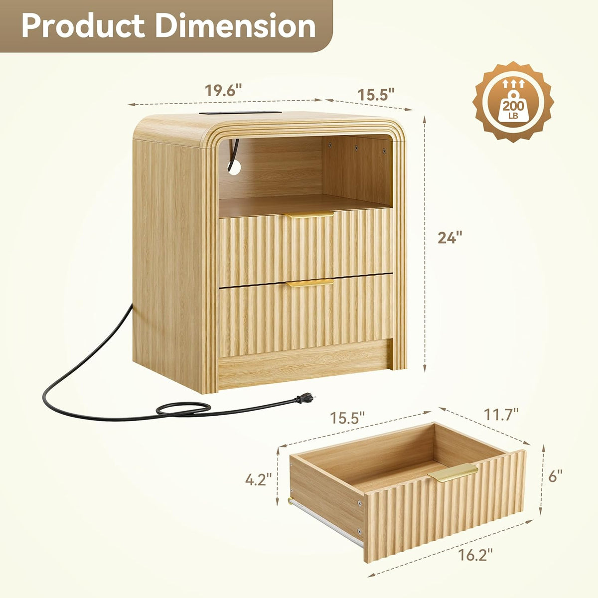 Decofy Fluted Nightstand Set of 2 with Charging Station, 19.7'' Wide Morden End Table with USB/Type-C Ports, 2 Drawers & Open Shelf, Curved Profile Design, Wood Bedside Table for Bedroom (Oak)