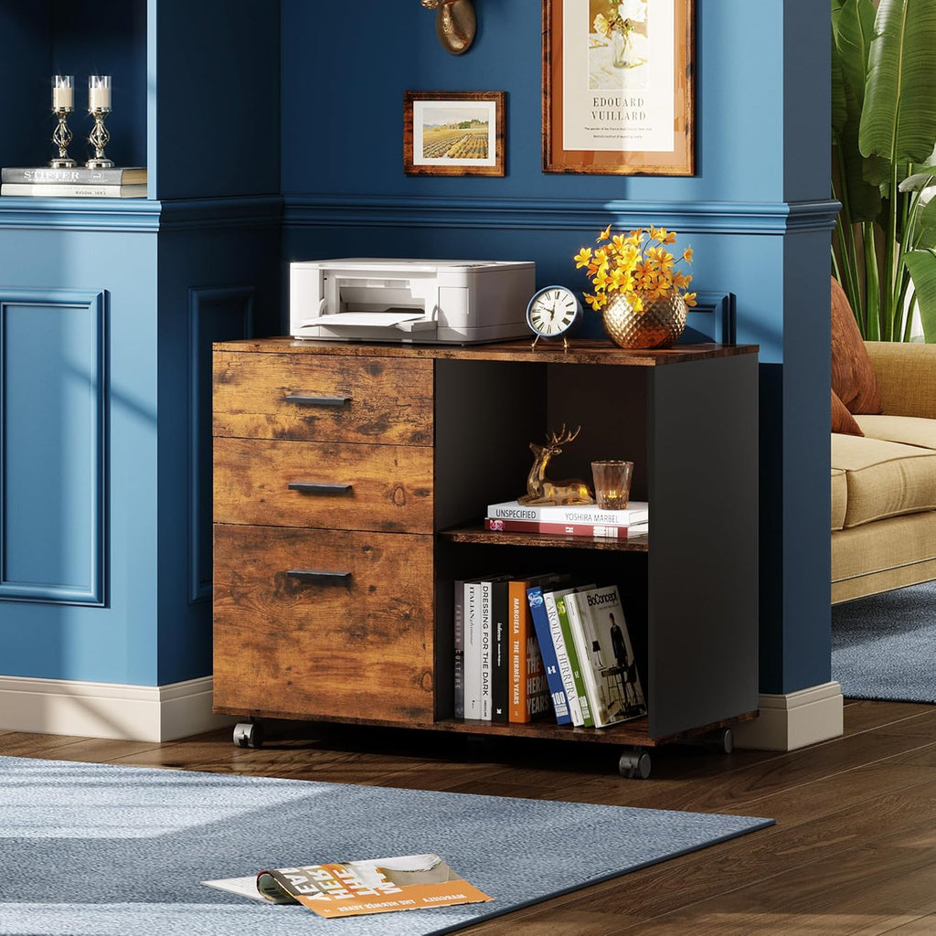 DEVAISE 3 Drawer Mobile File Cabinet, Wood Lateral Filing Cabinet, Printer Stand with Open Shelves for Home Office, Rustic Brown