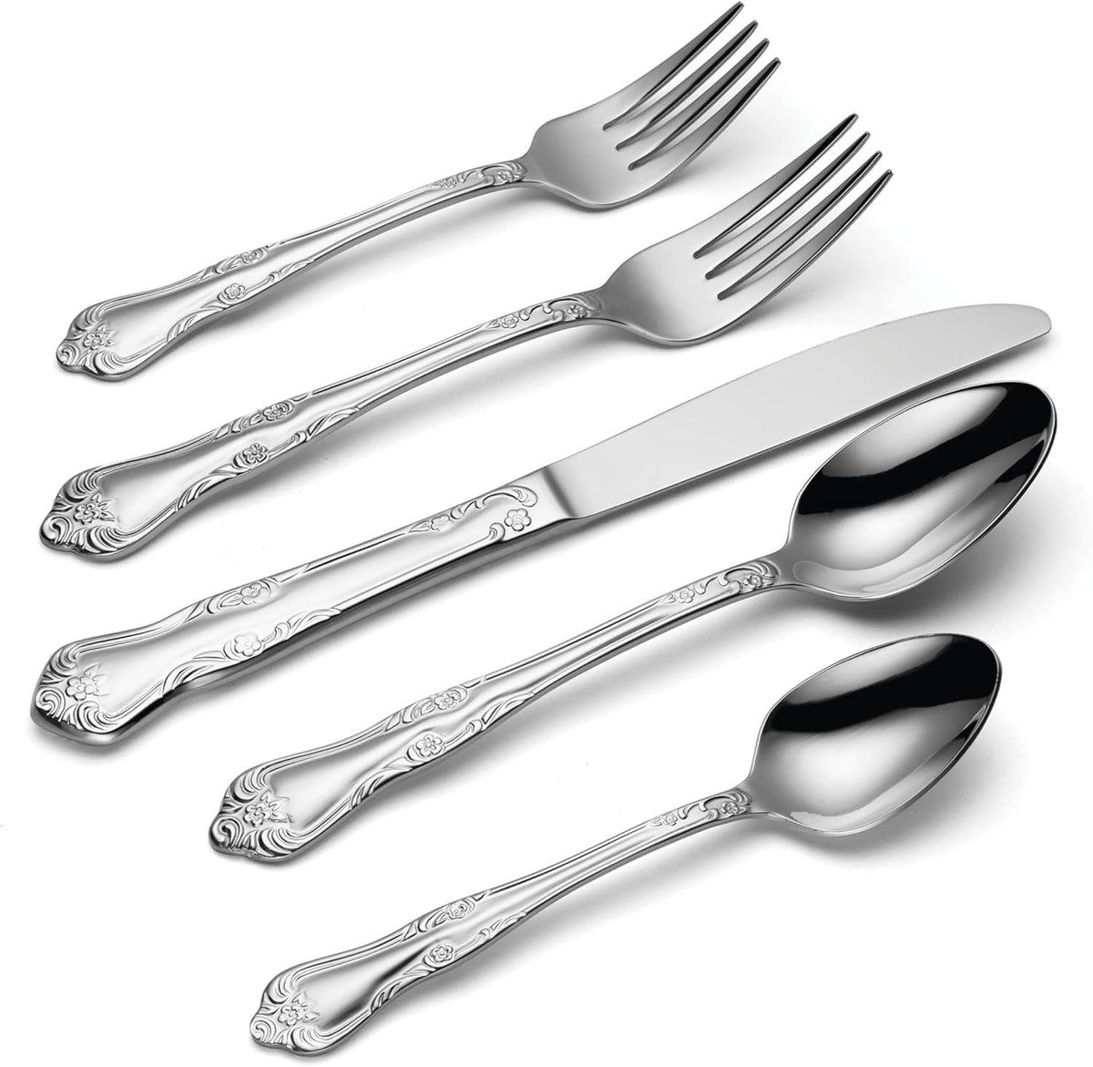 Oneida Silverware Set For 8, Azalea 45-Piece Everyday Flatware Set with Serving Utensils, Floral, Service For 8, 18/0 Stainless Steel, Dishwasher Safe, Knives Spoons And Forks Sets (Silver, 45 Pieces)