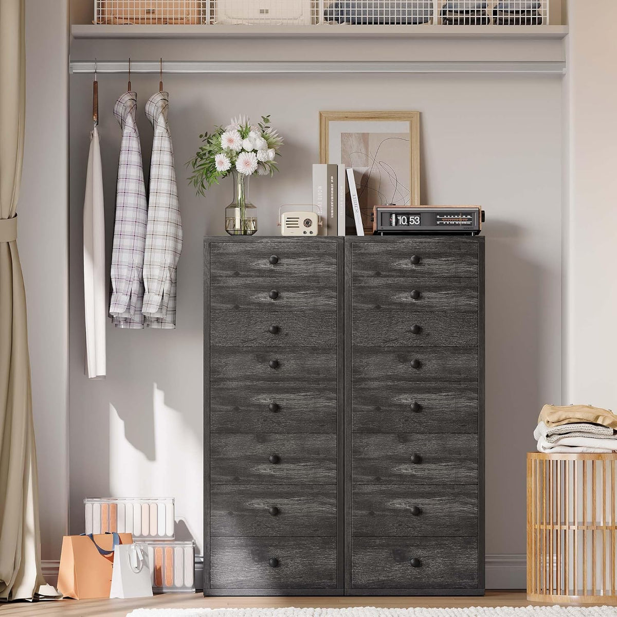 LIKIMIO Tall Dresser, Small Dressers with 8 Storage Drawers, Chest of Drawers for Organizing, Tall Narrow Dresser for Bedroom, Charcoal Grey