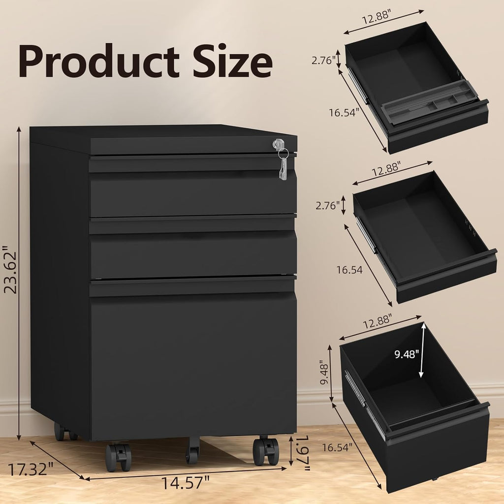 3 Drawer File Cabinet on Wheels,25.6" H Black Filing Cabinet with Lock,Under Desk Metal File Cabinet for Home Office Organizer Letters/Legal/A4(Fully Assembled)