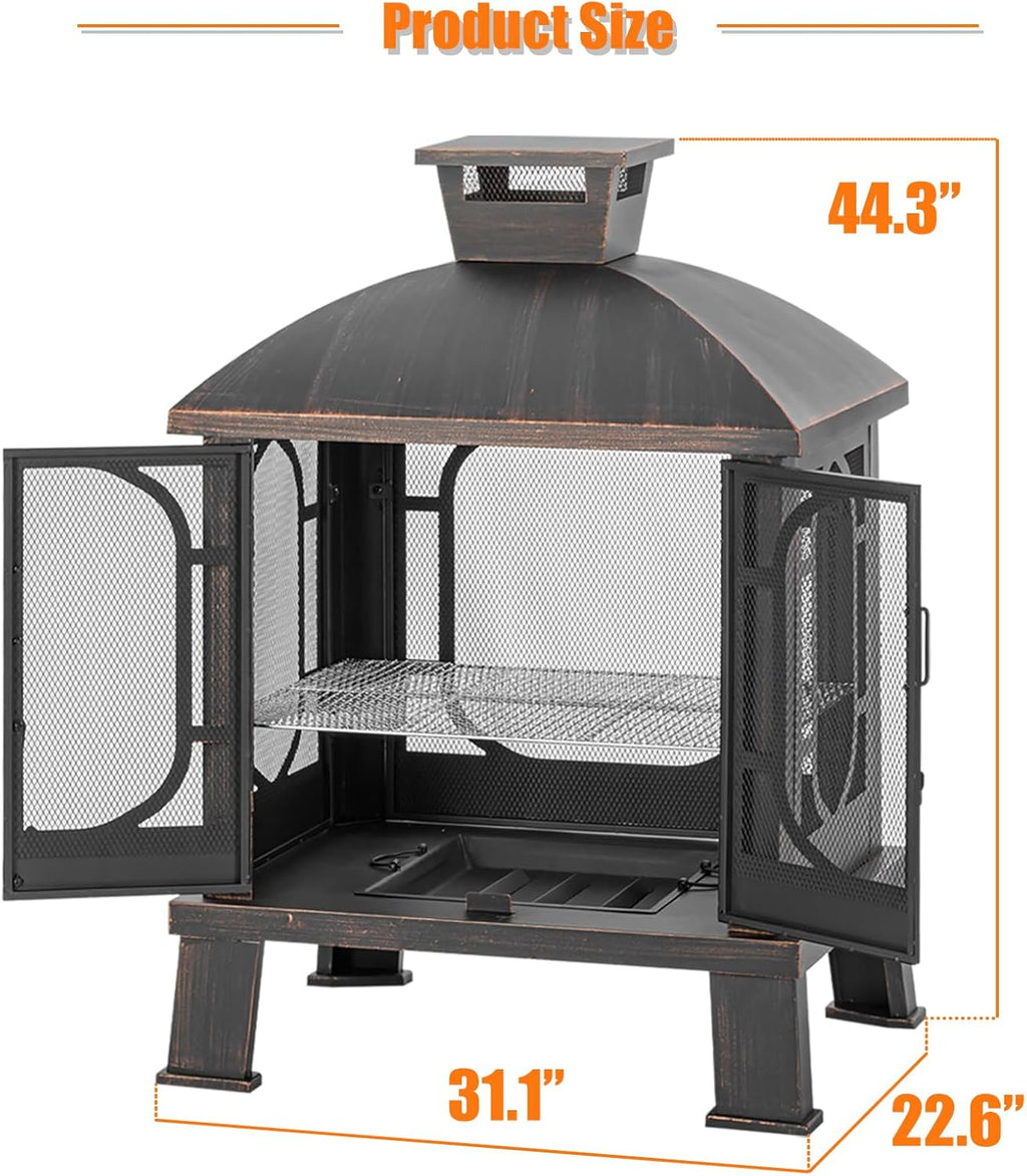 Panovue 45" H×31''W Metal Chiminea Fire Pit with Grill, Wood Burning Fire Pits for Outside,Square Chimineas Fireplace with Mesh Spark Screen Door& Fire Poker for Garden,Yard,BBQ,Bonfire (Black&Gold)