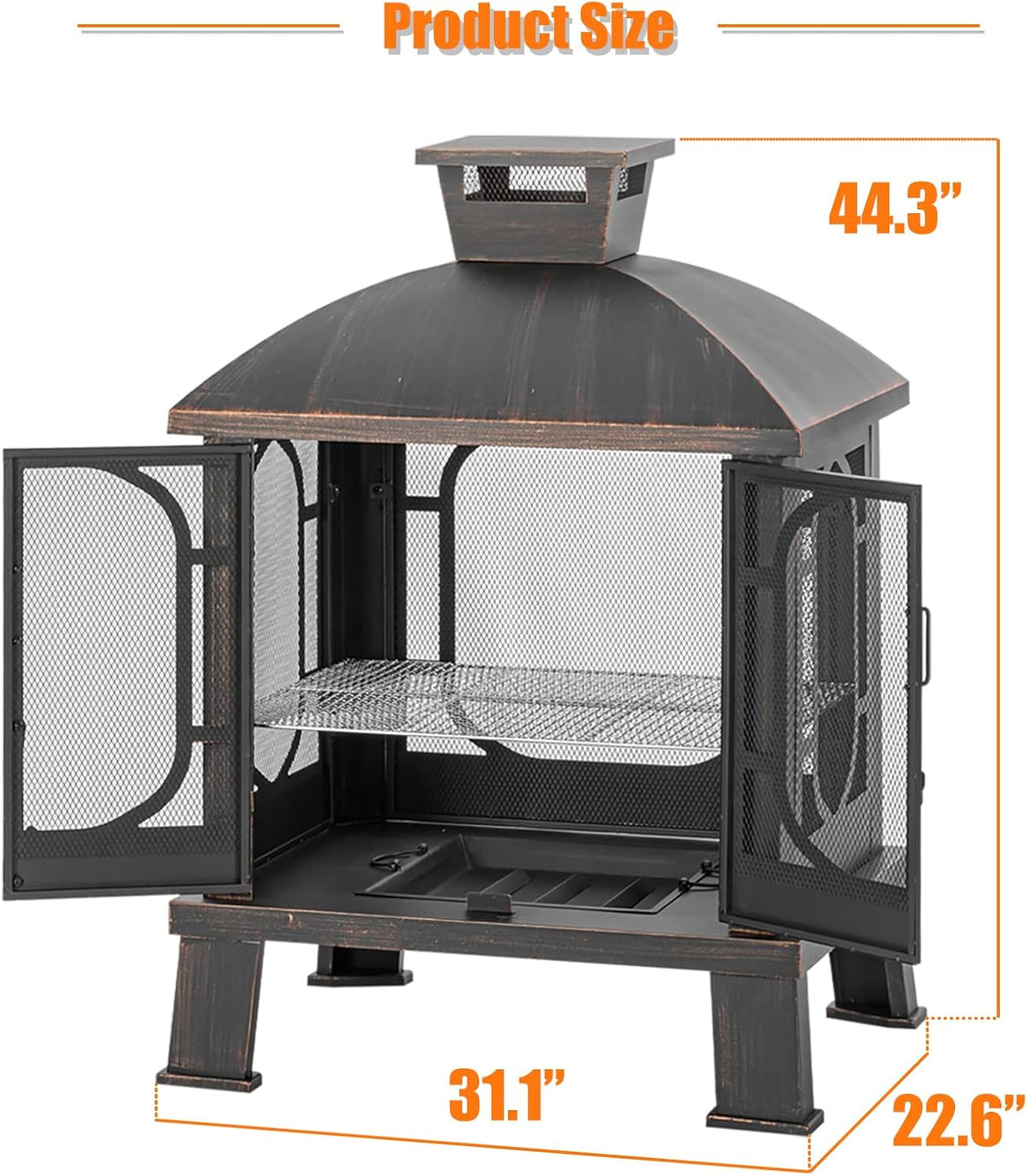 Panovue 45" H×31''W Metal Chiminea Fire Pit with Grill, Wood Burning Fire Pits for Outside,Square Chimineas Fireplace with Mesh Spark Screen Door& Fire Poker for Garden,Yard,BBQ,Bonfire (Black&Gold)