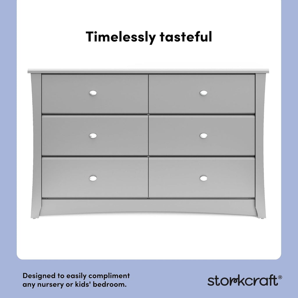 Storkcraft Crescent 6-Drawer Dresser (Pebble Gray) – GREENGUARD Gold Certified, Gray Dresser for Bedroom, Kids & Nursery Storage Chest, Safety Interlocking Drawers, Pre-Installed Tracks, Kids Chest