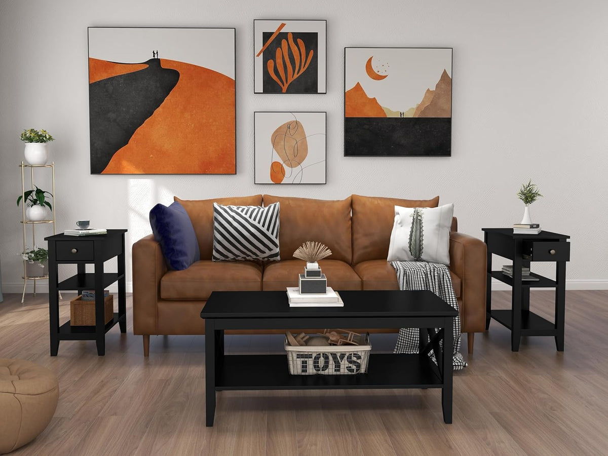 ChooChoo Side Table Living Room Set of 2, Narrow End Table with Drawer and Shelf, 3-Tier Sofa End Table for Small Space