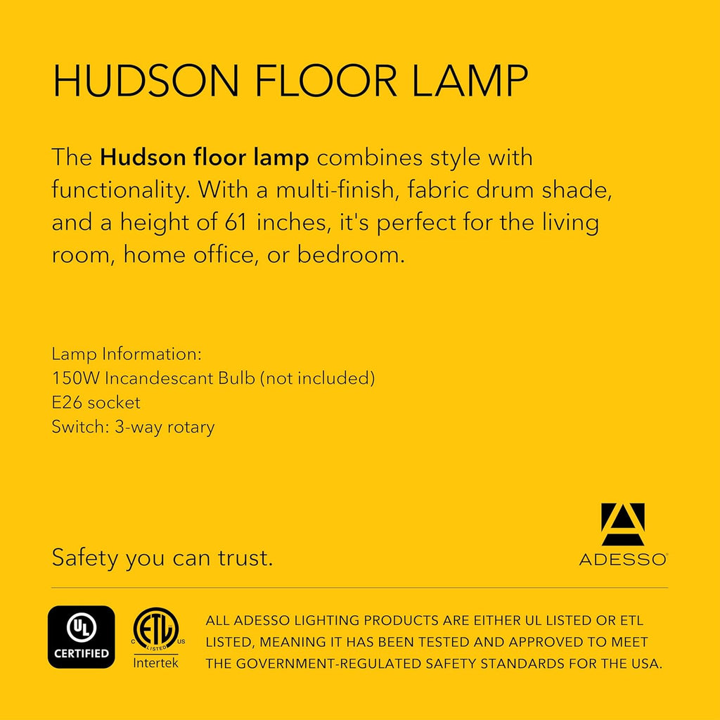Adesso Hudson Floor Lamp - Adjustable Brightness, Perfect Lighting for Bedroom, Living Room and Corner Decor, Maple Eucalyptus Wood & Satin Steel Accents, Soft/White Lampshade