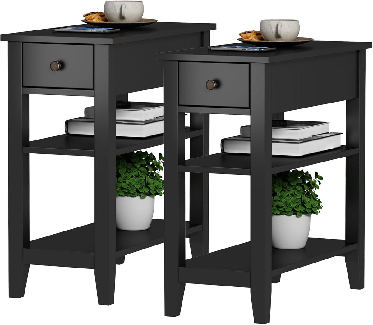 ChooChoo Side Table Living Room Set of 2, Narrow End Table with Drawer and Shelf, 3-Tier Sofa End Table for Small Space