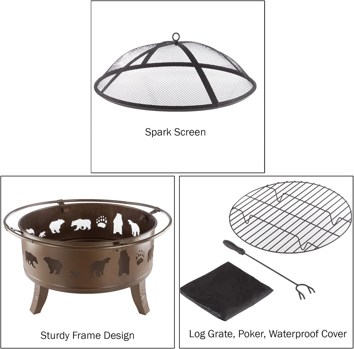 Pure Garden 50-LG1202 32” Outdoor Deep Fire Pit-Round Large Steel Bowl with Bear Cutouts, Mesh Spark Screen, Log Poker & Storage Cover-Patio Wood Burning, Antique Gold