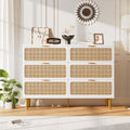 GarveeHome Rattan 6 Drawer Dressers for Bedroom, Large Double Dresser with Deep Drawers, Chest of Drawers for Closet with Wide Top, Long Wooden Dresser for Living Room, Hallway, Kids Room, White