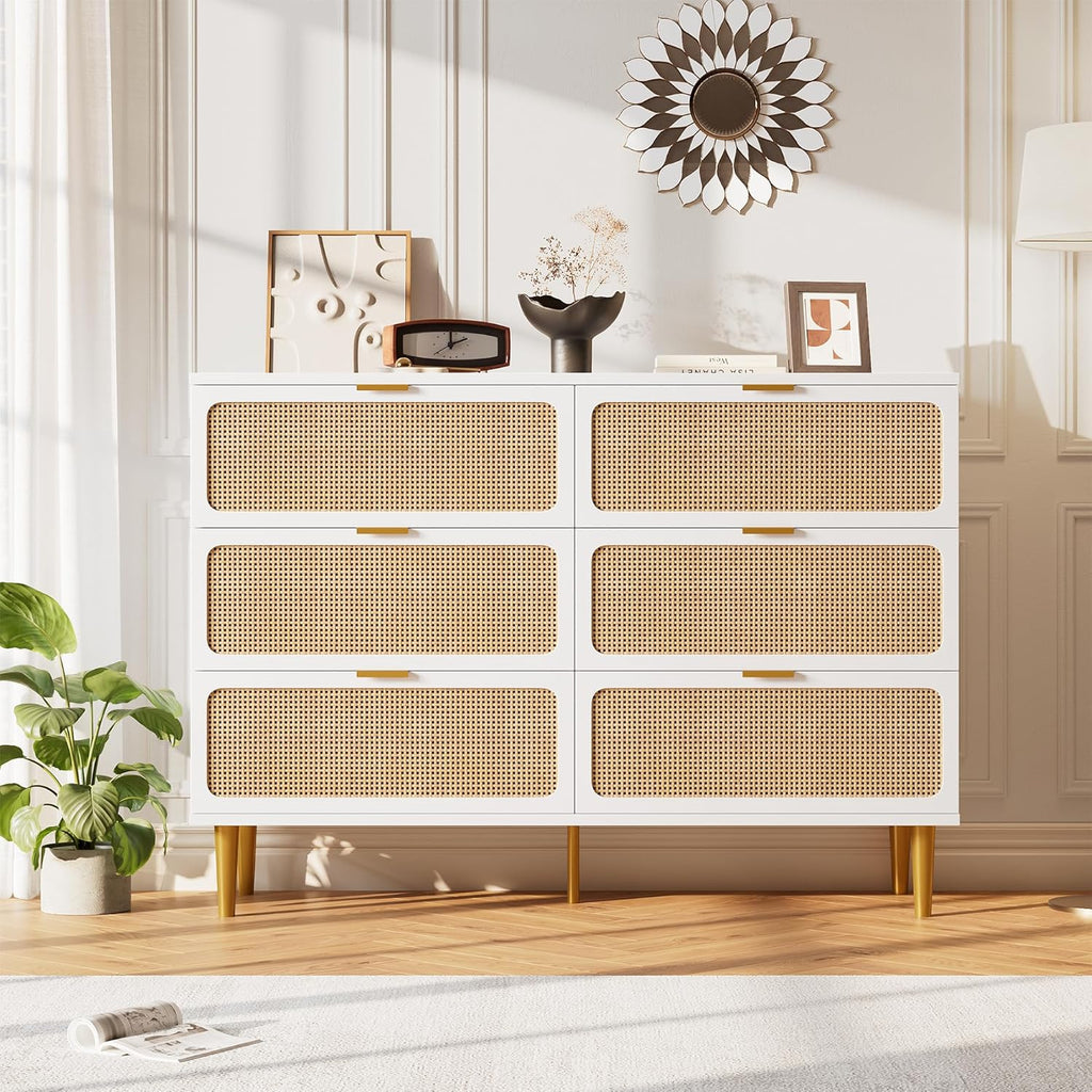 GarveeHome Rattan 6 Drawer Dressers for Bedroom, Large Double Dresser with Deep Drawers, Chest of Drawers for Closet with Wide Top, Long Wooden Dresser for Living Room, Hallway, Kids Room, White