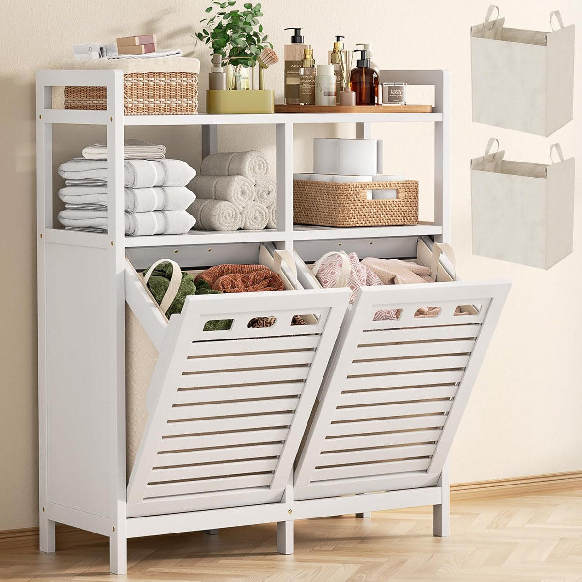 Homykic Tilt Out Laundry Hamper Cabinet, Bamboo Double Laundry Hamper with 2 Removable Laundry Baskets, 20 Gal Laundry Sorter Organizer with Shelf for Dirty Clothes, Bathroom, Laundry Room, White