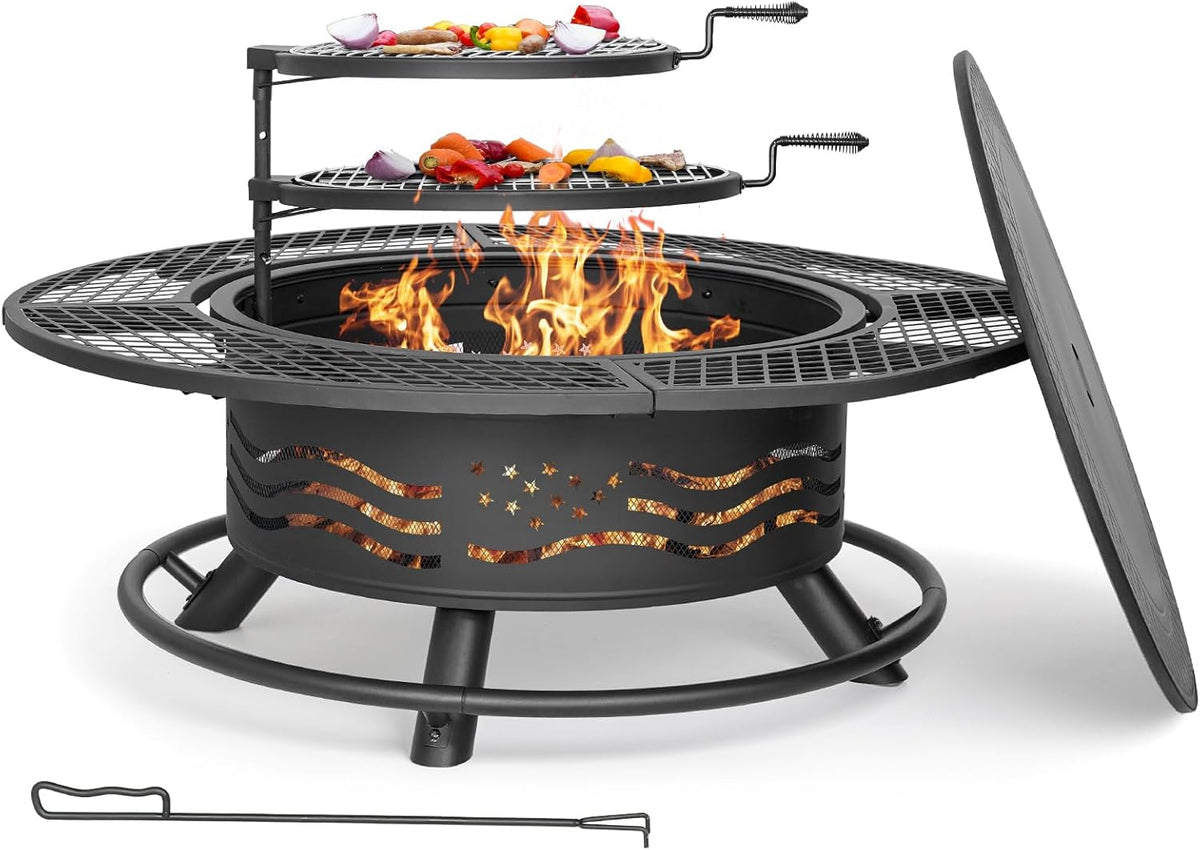 Panovue 47 Inch Fire Pit with 2 Cooking Grates, Outdoor Wood Burning BBQ Grill Firepit Bowl with Cover Lid, Steel Round Table for Backyard Bonfire Patio Picnic (Black, 47IN)