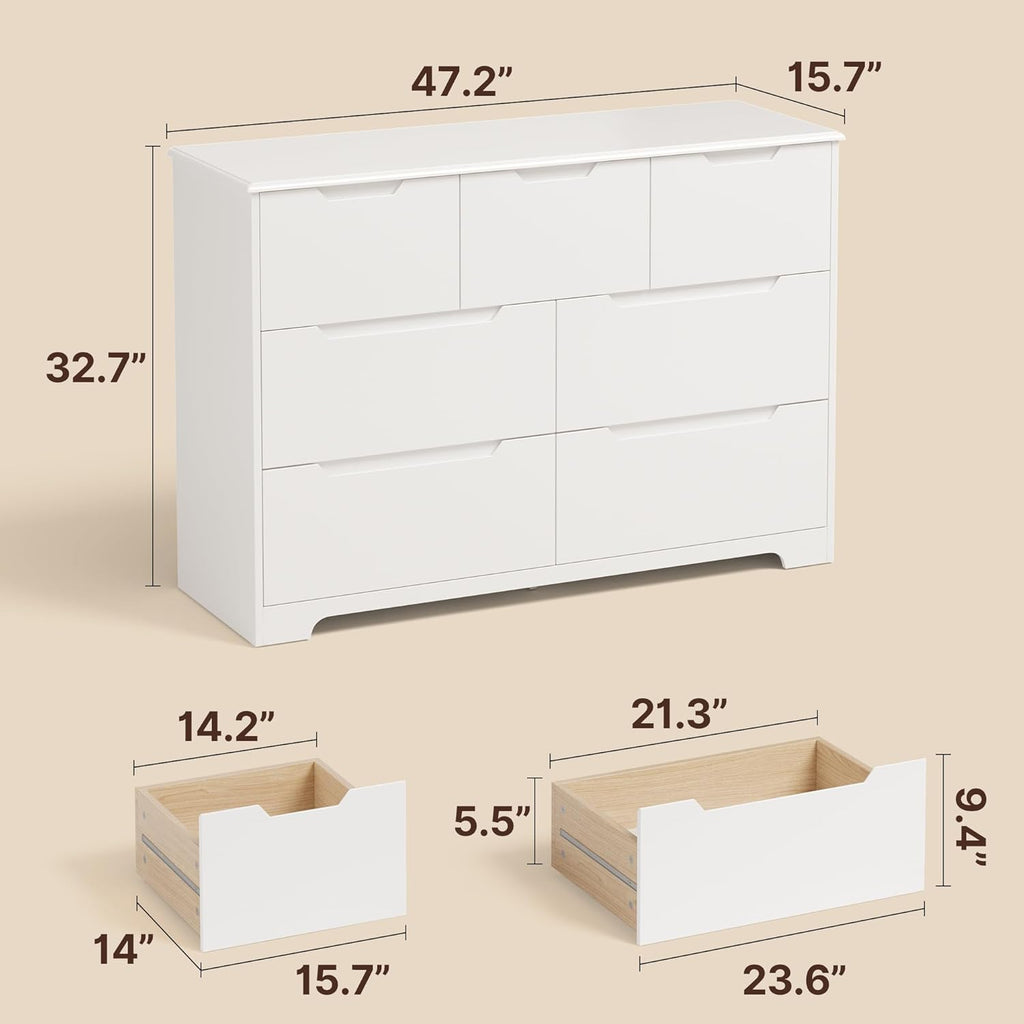 Gizoon 7 Drawer Dresser, 48" Wide White Dresser for Bedroom, Chest of Drawers with Handle Free Design, Modern Storage Organizer for Living Room, Kids Room, Entryway, Hallway, White